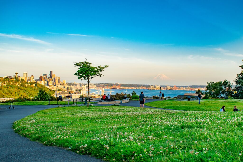 park pathways with view of seattle skyline